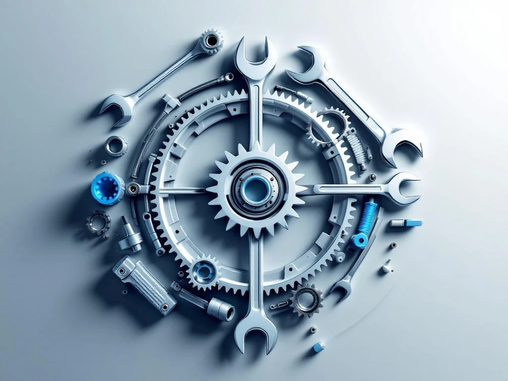 Geometrische automotive gereedschappen en tandwielen in circulair patroon met chrome, wit, zwart en hemelsblauw accenten