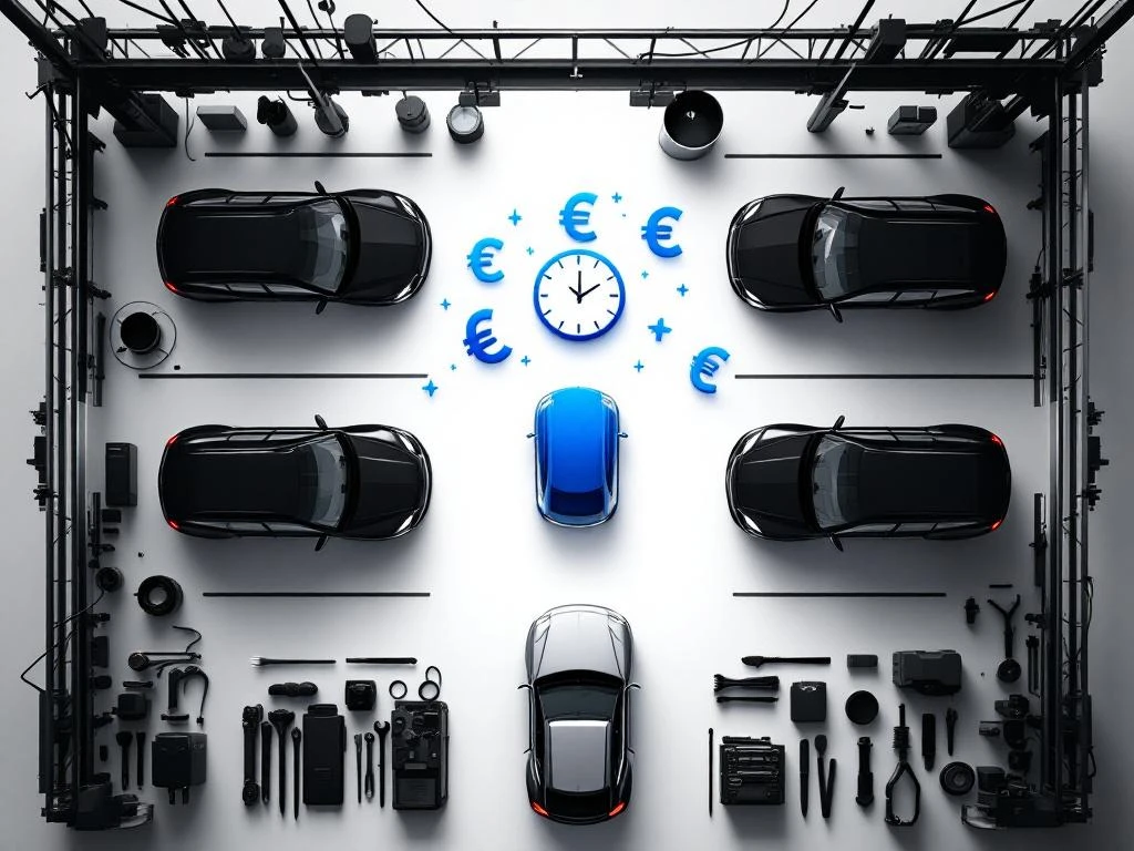 Bovenaanzicht autowerkplaats met voertuigsilhouetten, gereedschap, eurosymbolen en klokpictogrammen in blauw, zwart en wit


Note: This alt text is 124 characters and describes the key elements while maintaining SEO value for automotive staffing costs.