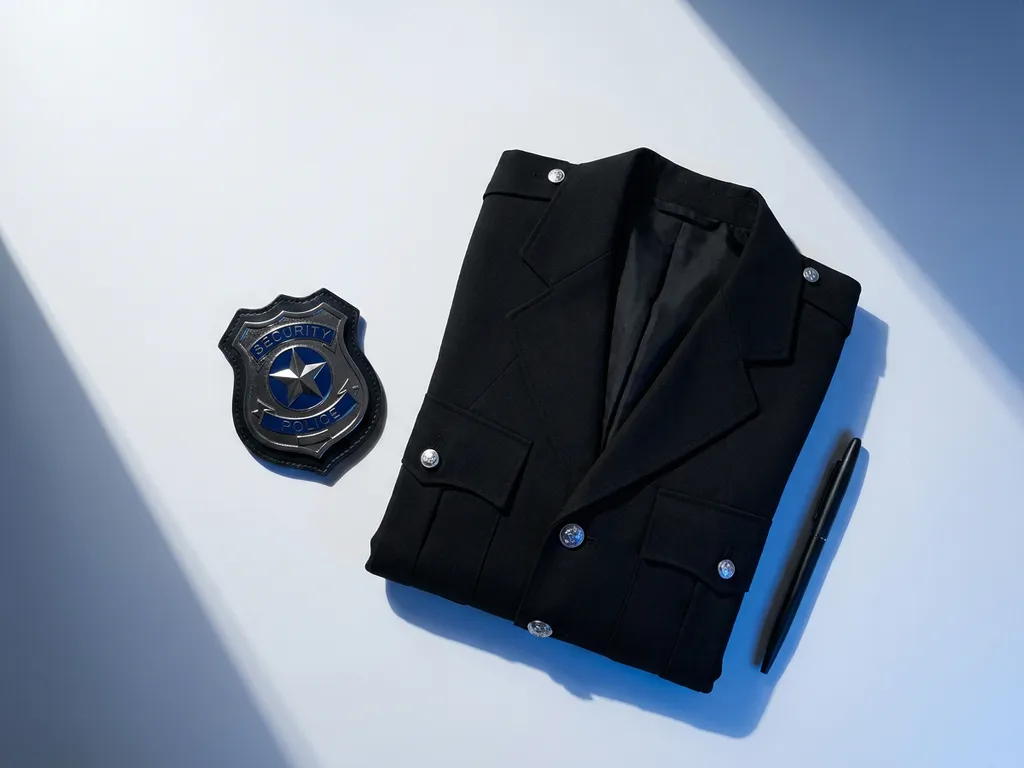Professionele beveiligingsbadge en zwarte uniformjas op wit bureau met geometrische schaduwen en blauwe accentverlichting