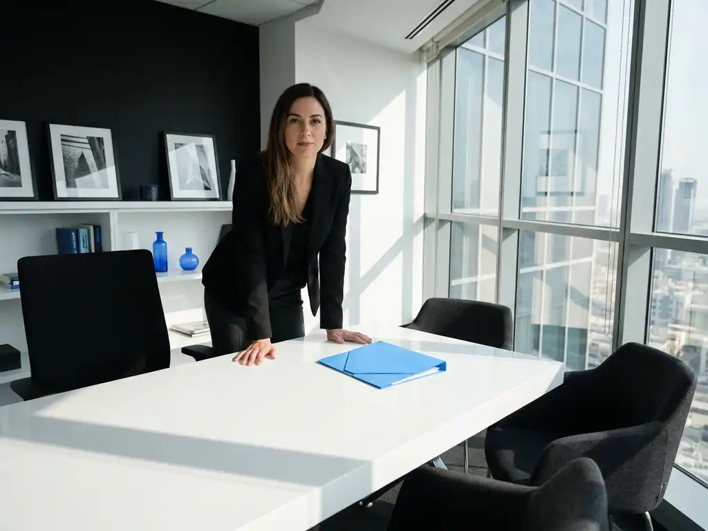 Professionele consultant in zwarte blazer naast wit bureau met blauwe geometrische map in modern kantoor